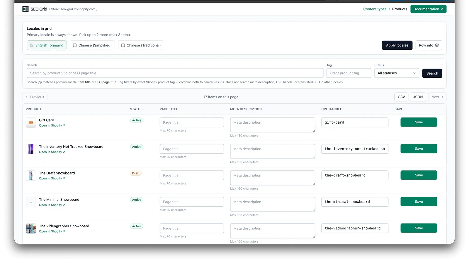Product grid with title, description, and handle