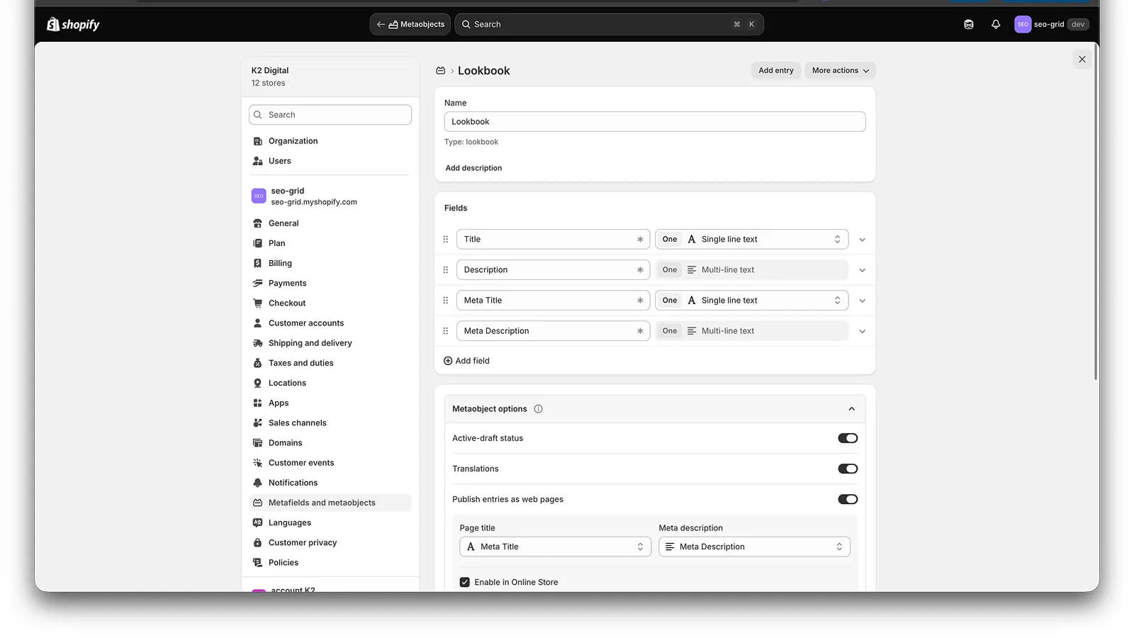 Lookbook definition with Publish entries as web pages