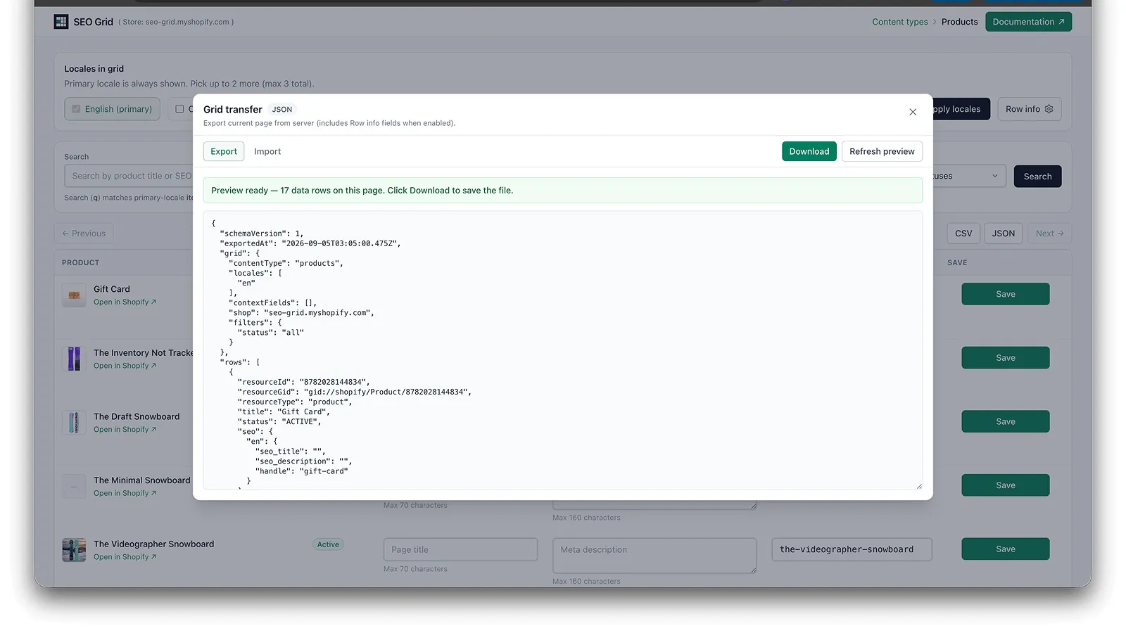 Grid transfer dialog on the Export tab with JSON preview