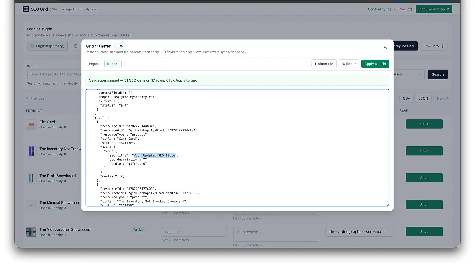 Grid transfer Import tab after successful validation