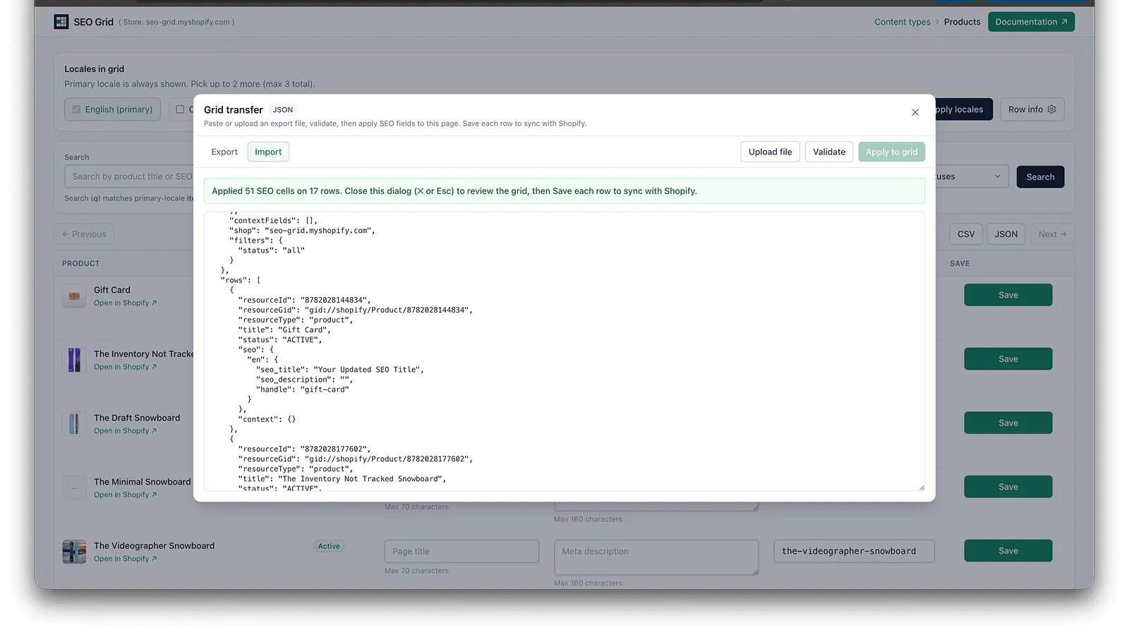 Grid row with updated SEO fields after import, before Save